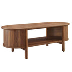 Oval Coffee Table with Fluted Details - Mid-Century Modern, Open Shelf, 169lbs Capacity, Wood Grain Laminate