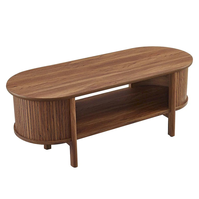 Oval Coffee Table with Fluted Details - Mid-Century Modern, Open Shelf, 169lbs Capacity, Wood Grain Laminate