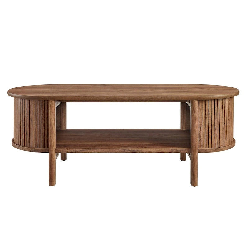Oval Coffee Table with Fluted Details - Mid-Century Modern, Open Shelf, 169lbs Capacity, Wood Grain Laminate