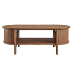 Oval Coffee Table with Fluted Details - Mid-Century Modern, Open Shelf, 169lbs Capacity, Wood Grain Laminate
