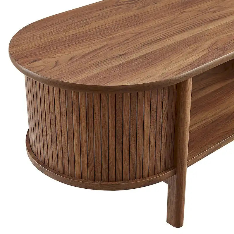 Oval Coffee Table with Fluted Details - Mid-Century Modern, Open Shelf, 169lbs Capacity, Wood Grain Laminate