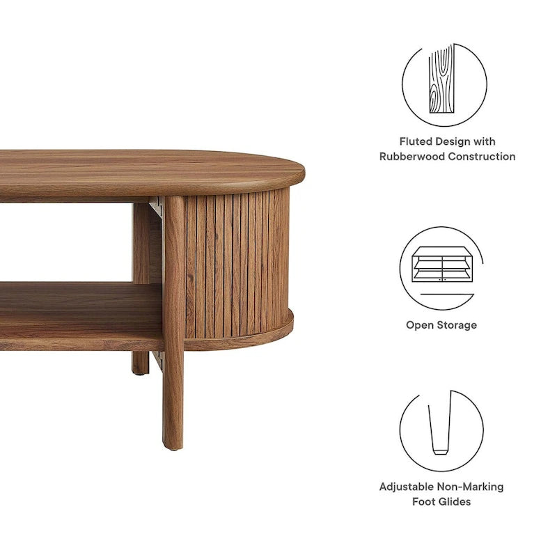 Oval Coffee Table with Fluted Details - Mid-Century Modern, Open Shelf, 169lbs Capacity, Wood Grain Laminate