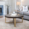 36 inch Rustic Round Wood Coffee Table Hammered Cross Legs Gold Finish Metal for Living Room - D36 X H16