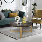 36" Round Wood Coffee Table - Rubberwood Top, Metal X-Base, Gold Finish Legs, 250lbs Capacity, Rustic Style