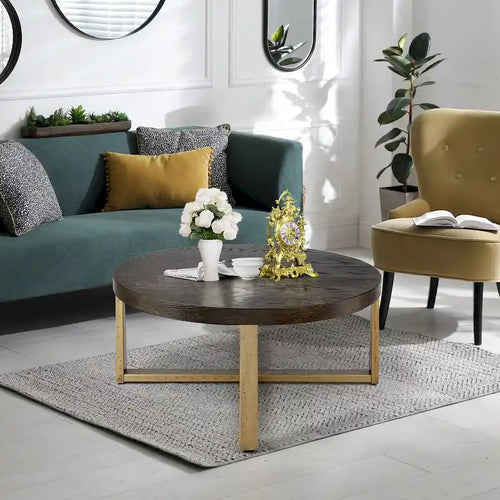 36" Round Wood Coffee Table - Rubberwood Top, Metal X-Base, Gold Finish Legs, 250lbs Capacity, Rustic Style