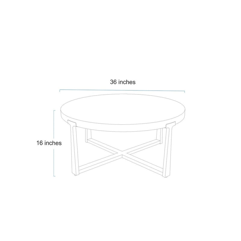 36" Round Wood Coffee Table - Rubberwood Top, Metal X-Base, Gold Finish Legs, 250lbs Capacity, Rustic Style