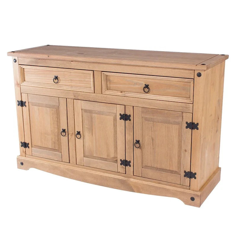 Solid Pine Buffet Sideboard - 2 Drawers, 3 Cabinets, Dovetail Joints, Corona Brown Finish, Cottage Style