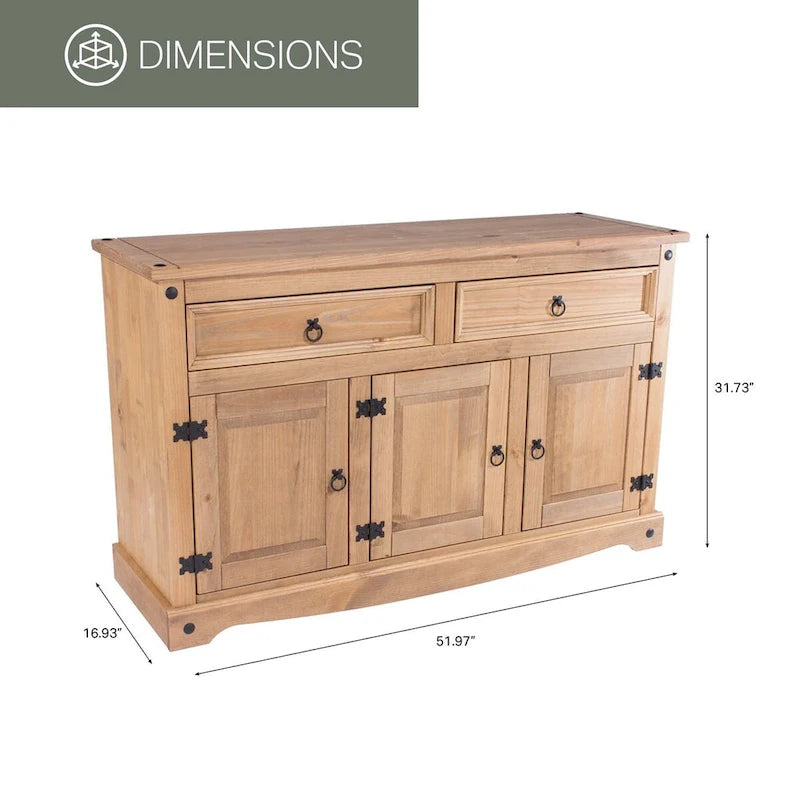 Solid Pine Buffet Sideboard - 2 Drawers, 3 Cabinets, Dovetail Joints, Corona Brown Finish, Cottage Style