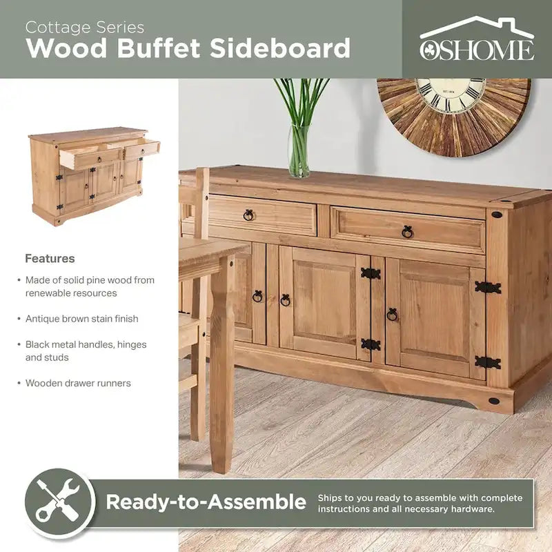 Solid Pine Buffet Sideboard - 2 Drawers, 3 Cabinets, Dovetail Joints, Corona Brown Finish, Cottage Style