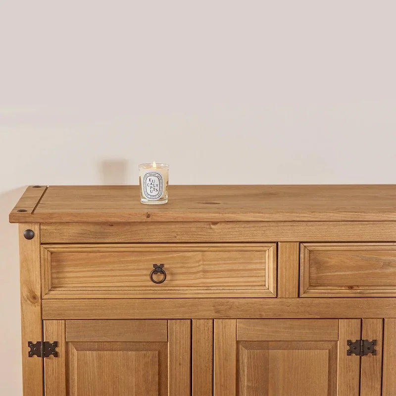 Solid Pine Buffet Sideboard - 2 Drawers, 3 Cabinets, Dovetail Joints, Corona Brown Finish, Cottage Style
