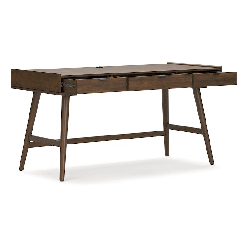 60" Home Office Desk with 3 Drawers - Rubberwood, Mango Veneer, Mid-Century Style, Brown Finish, Cord Management