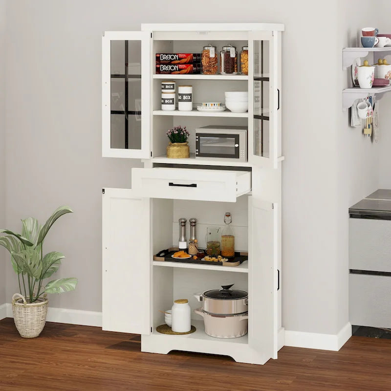 Tall Kitchen Pantry Storage Cabinet - Drawer, Upper & Lower Cabinets, Adjustable Shelf, Engineered Wood, 2 Colors