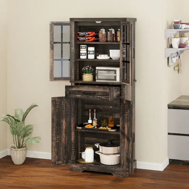 Tall Kitchen Pantry Storage Cabinet - Drawer, Upper & Lower Cabinets, Adjustable Shelf, Engineered Wood, 2 Colors