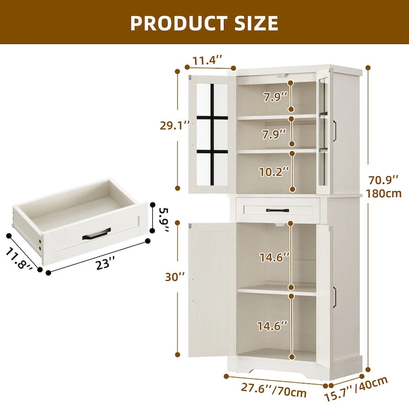 Tall Kitchen Pantry Storage Cabinet - Drawer, Upper & Lower Cabinets, Adjustable Shelf, Engineered Wood, 2 Colors