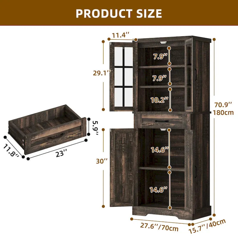 Tall Kitchen Pantry Storage Cabinet - Drawer, Upper & Lower Cabinets, Adjustable Shelf, Engineered Wood, 2 Colors