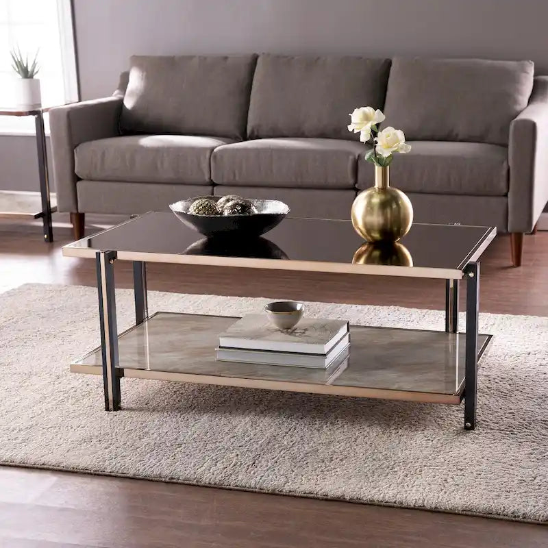Mirrored Cocktail Table - Smoky Mirror Top, Champagne Frame, Lower Shelf, Faux Marble, Living Room/Bedroom