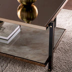 Mirrored Cocktail Table - Smoky Mirror Top, Champagne Frame, Lower Shelf, Faux Marble, Living Room/Bedroom