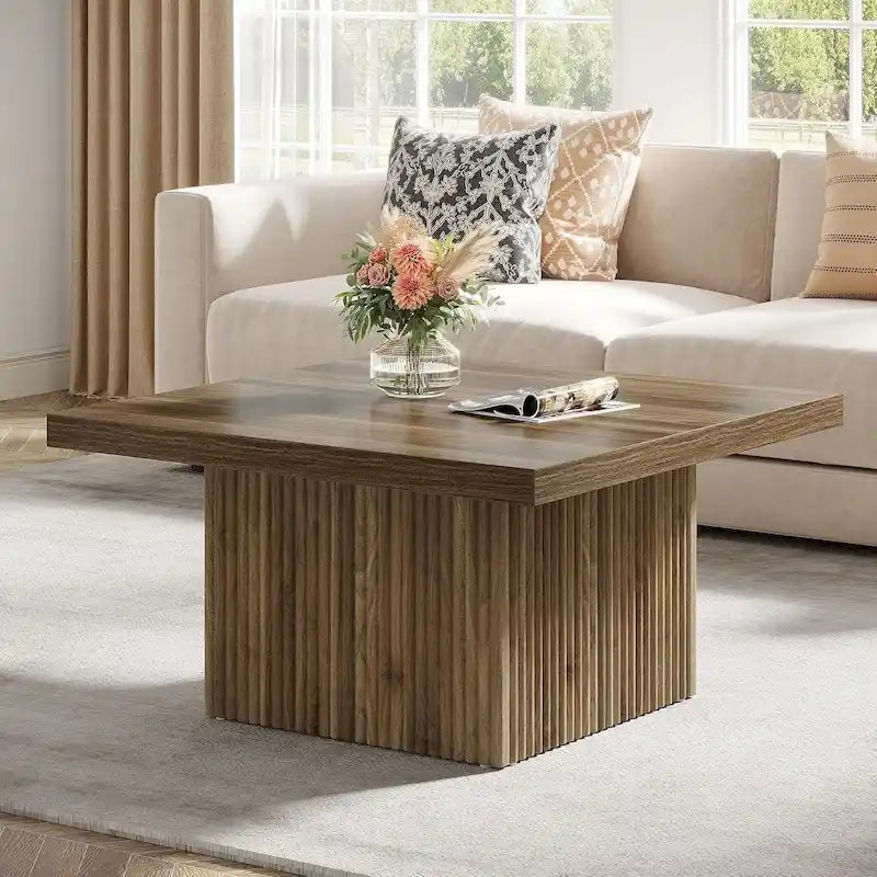 31.5" Square Coffee Table - Mid-Century Modern, Vintage Brown Finish, Engineered Wood, Half-Round Base Design