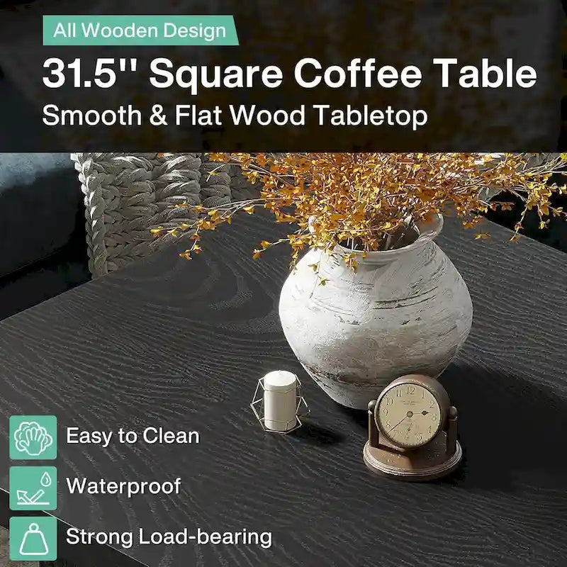 31.5" Square Coffee Table - Mid-Century Modern, Vintage Brown Finish, Engineered Wood, Half-Round Base Design