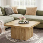 31.5" Square Coffee Table - Mid-Century Modern, Vintage Brown Finish, Engineered Wood, Half-Round Base Design