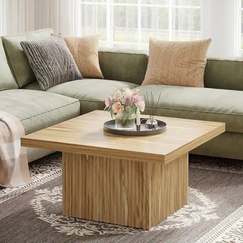 31.5" Square Coffee Table - Mid-Century Modern, Vintage Brown Finish, Engineered Wood, Half-Round Base Design