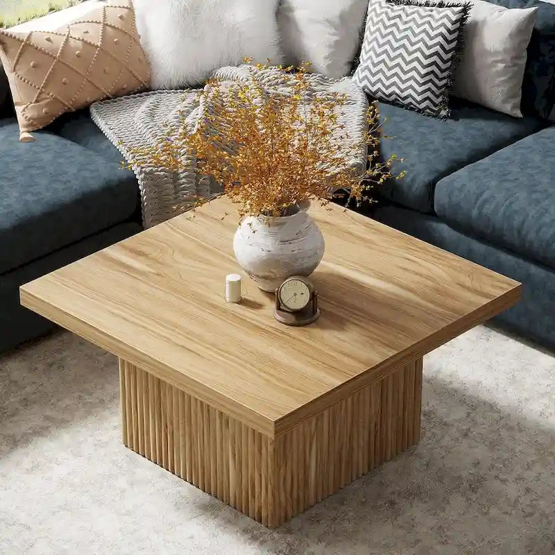 31.5" Square Coffee Table - Mid-Century Modern, Vintage Brown Finish, Engineered Wood, Half-Round Base Design