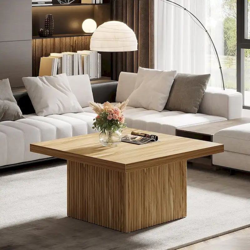 31.5" Square Coffee Table - Mid-Century Modern, Vintage Brown Finish, Engineered Wood, Half-Round Base Design