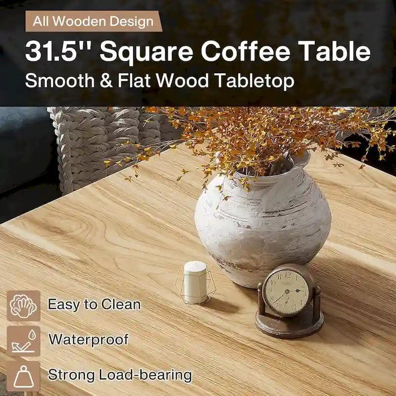 31.5" Square Coffee Table - Mid-Century Modern, Vintage Brown Finish, Engineered Wood, Half-Round Base Design