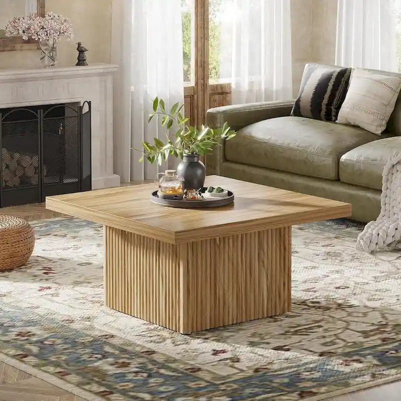 31.5" Square Coffee Table - Mid-Century Modern, Vintage Brown Finish, Engineered Wood, Half-Round Base Design