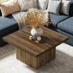 31.5" Square Coffee Table - Mid-Century Modern, Vintage Brown Finish, Engineered Wood, Half-Round Base Design
