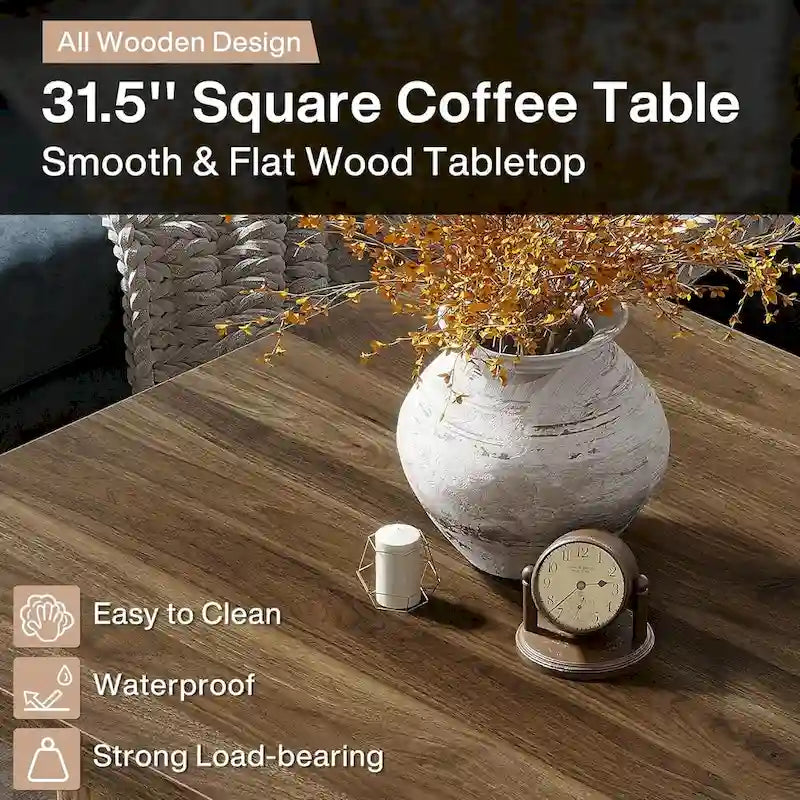 31.5" Square Coffee Table - Mid-Century Modern, Vintage Brown Finish, Engineered Wood, Half-Round Base Design